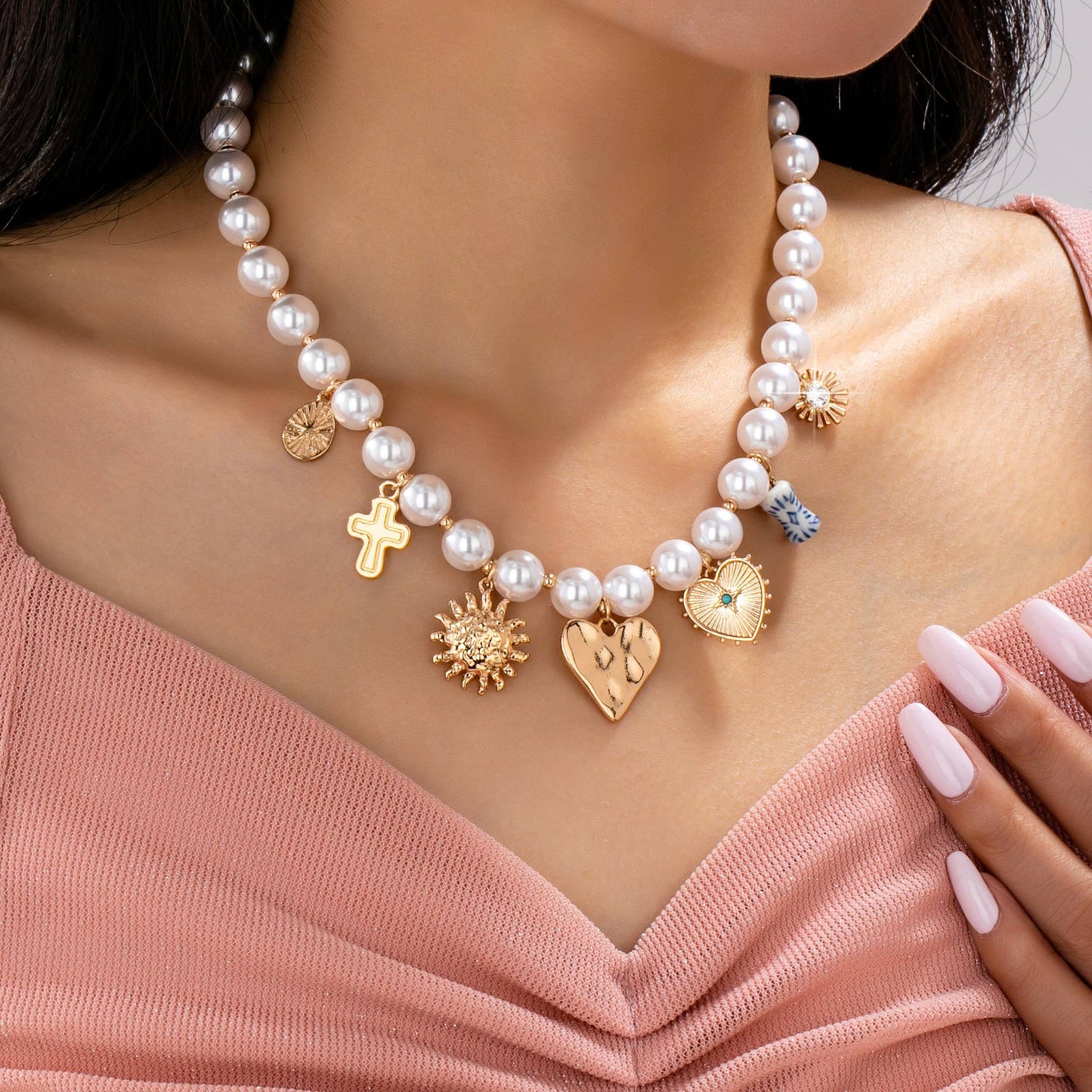 PEARL NECKLACE-HEART PORCELAIN CROSS SUNBLAST | 80N92610