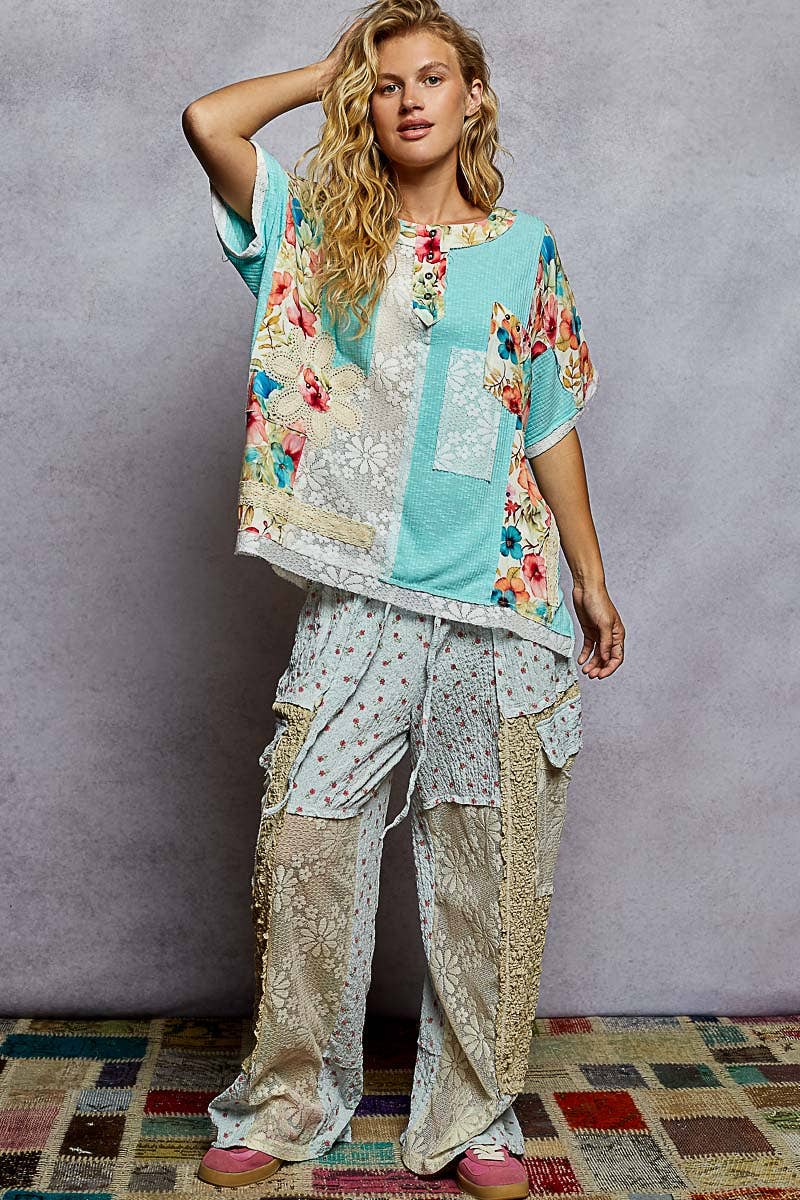 Round Neck Short Sleeve Floral Knit Rib Top SALE
