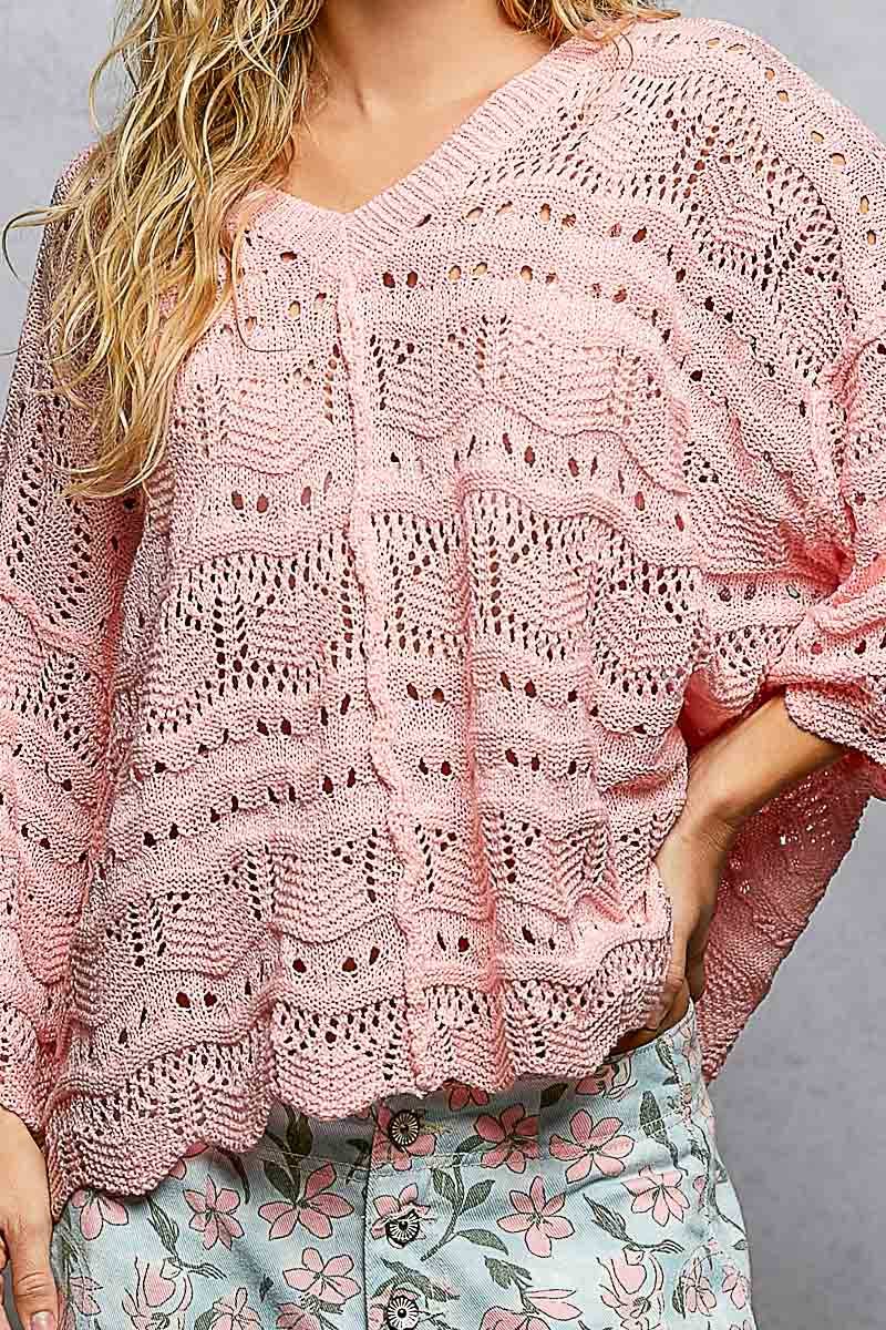 Open Knit V-Neck Oversized Short Sleeve Sweater Top SALE