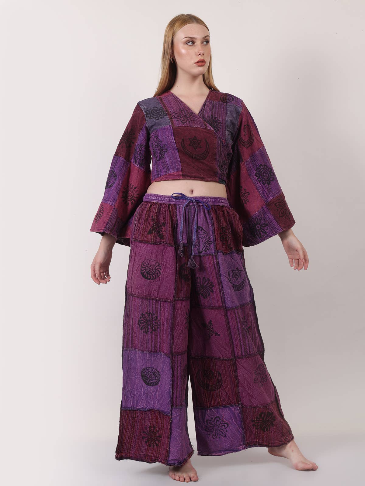 Women's Two Piece Deep V Neck Wrap Top & Wide Leg Pant Set