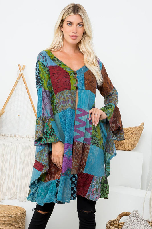 Womens Clothing - Patchwork Ruffle Kimono (KT-1354)