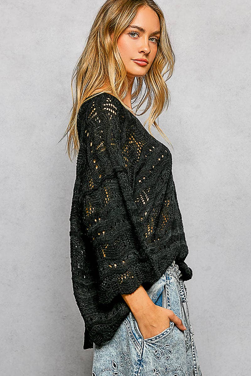 Open Knit V-Neck Oversized Short Sleeve Sweater Top SALE