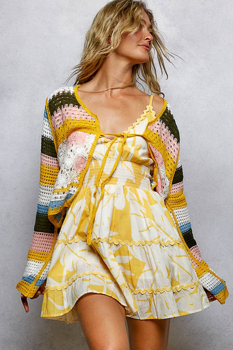 Long Sleeve Crochet Striped Tie Closure Open Cardigan Top