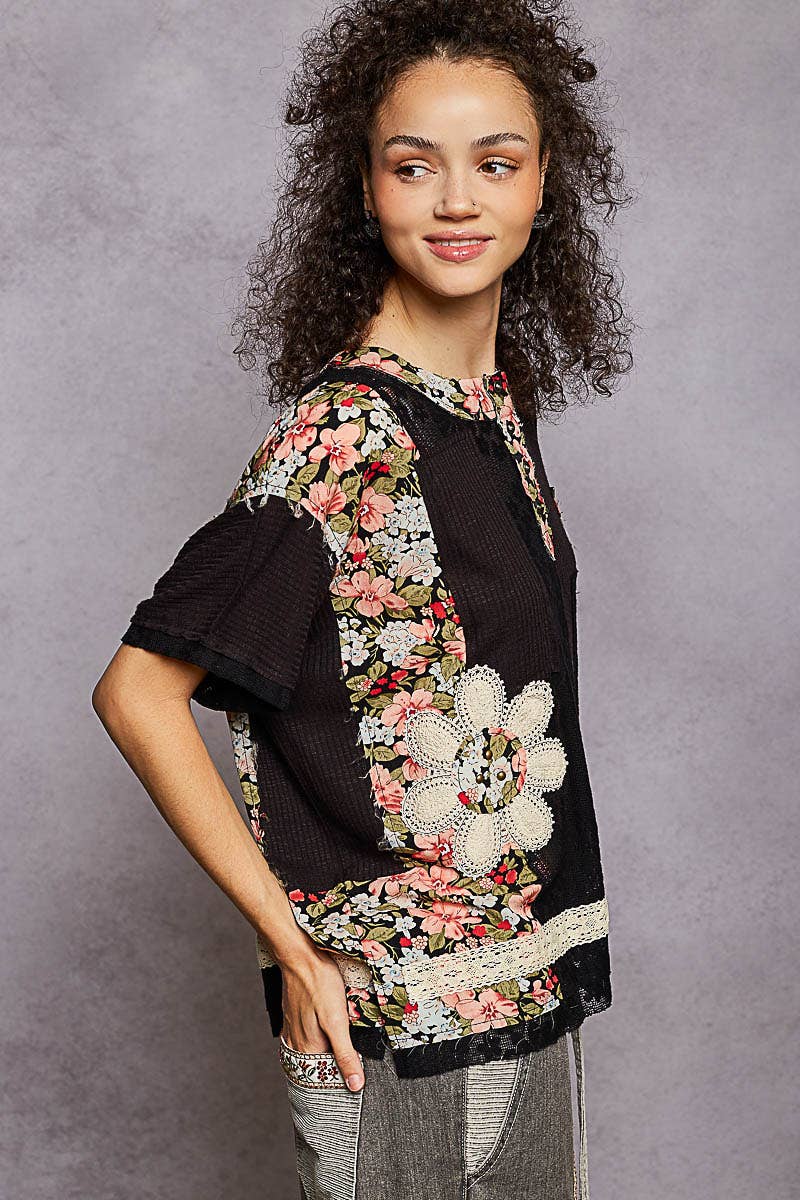 Round Neck Short Sleeve Floral Knit Rib Top SALE