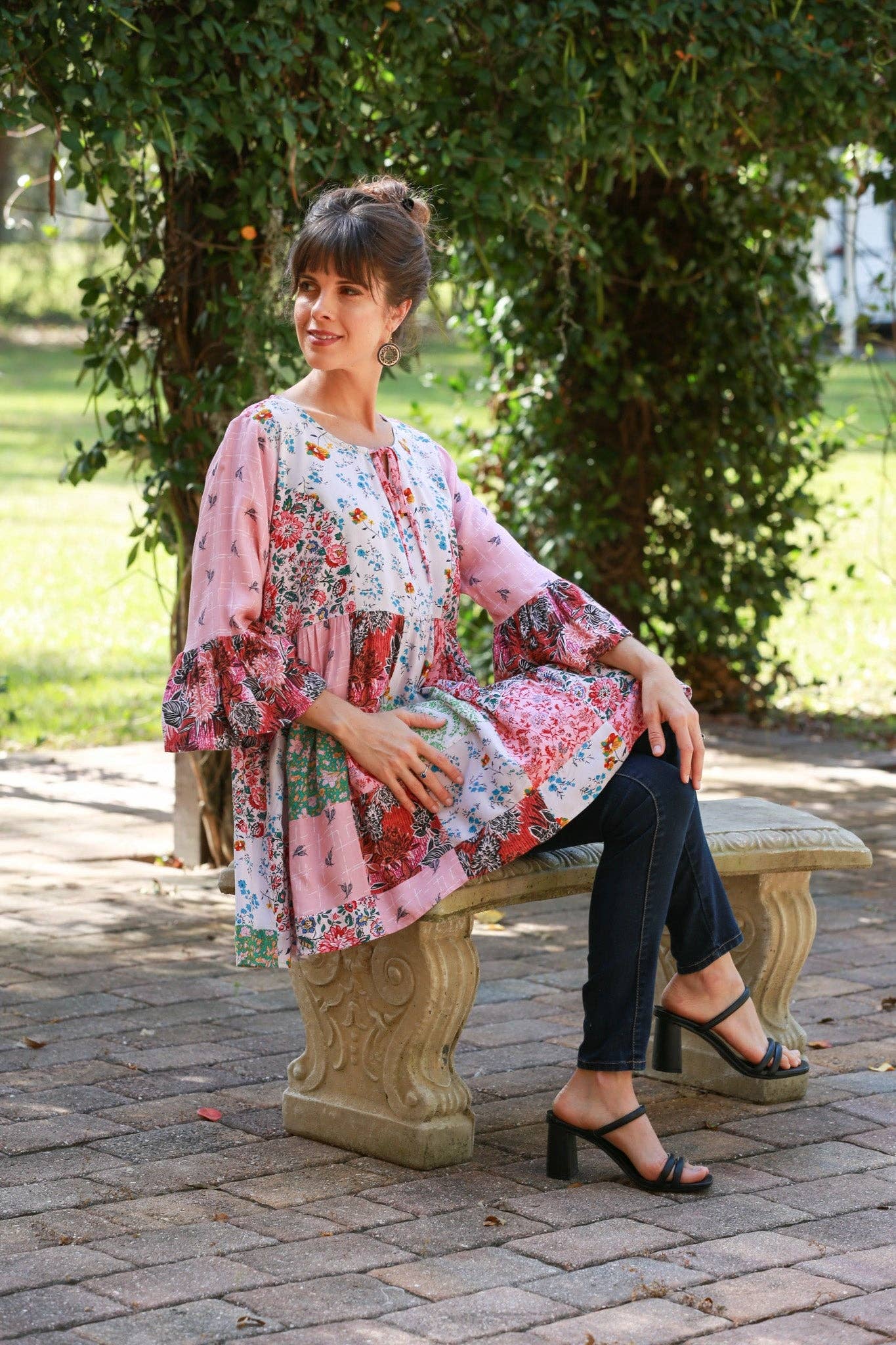 Petal Harmony Boho Tunic with Ruffled Sleeves