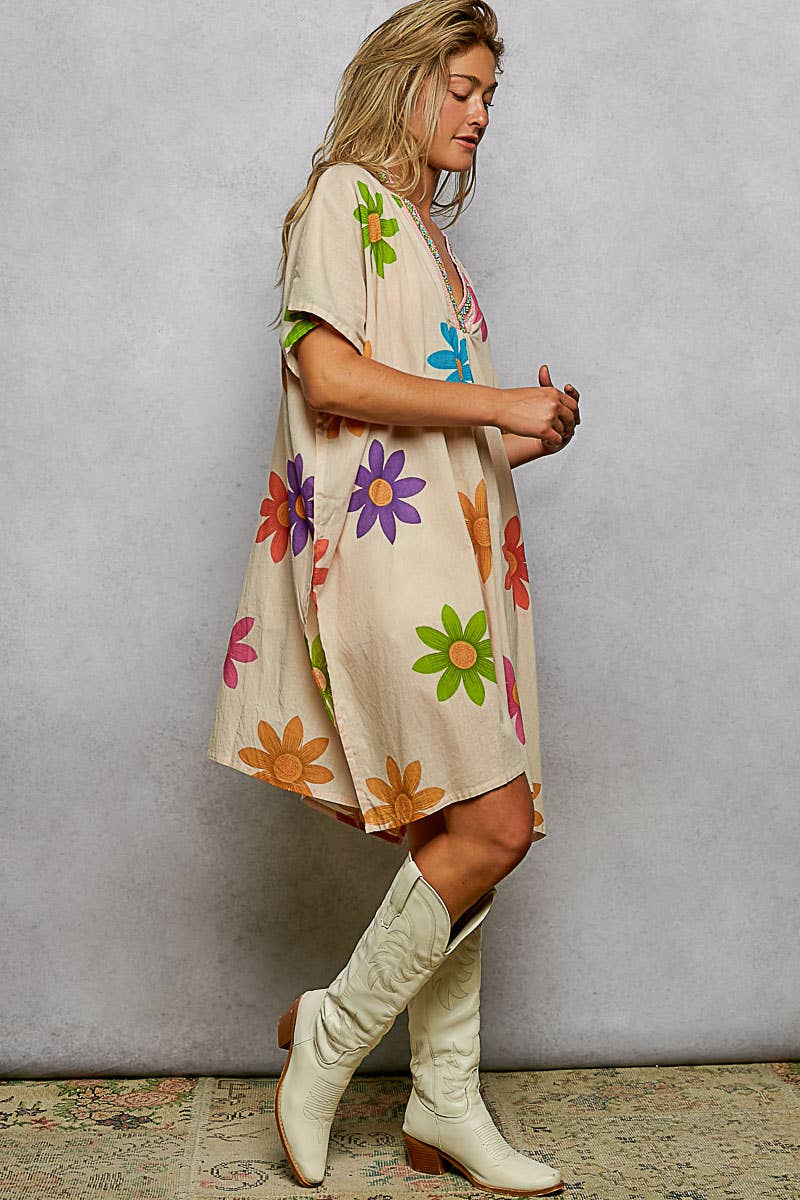 1/2 Sleeve V neck Beads Trim Floral Printed Woven Dress