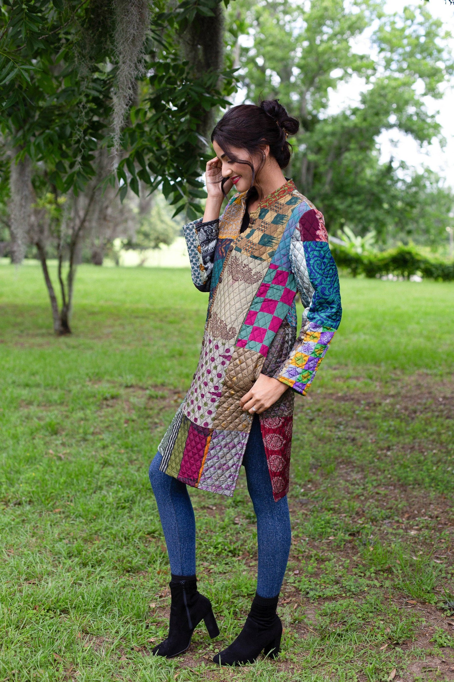 Vibrant Patchwork Quilted Poly Silk Jacket