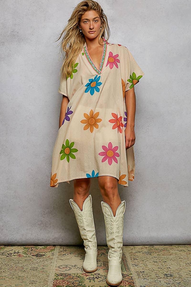 1/2 Sleeve V neck Beads Trim Floral Printed Woven Dress