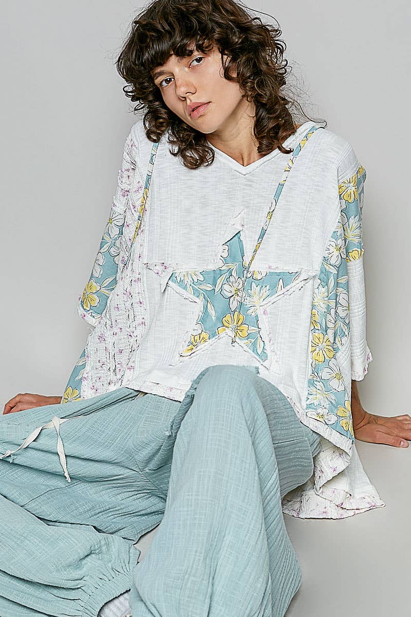 Long Sleeve Lace Contrast Floral Star Patch Knit Top SALE