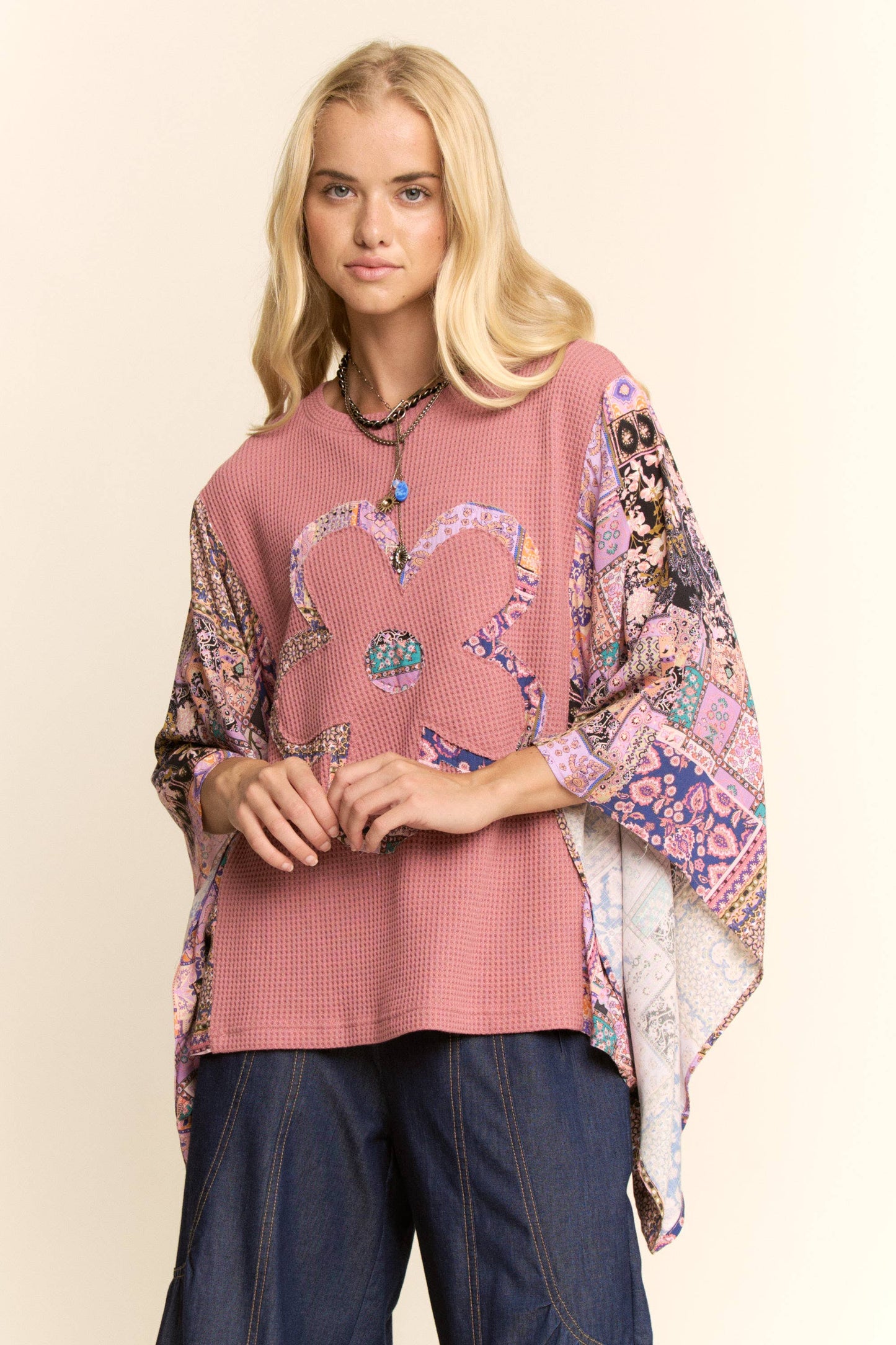 BOHO PATCHWORK KNIT TOP WITH FLOWER