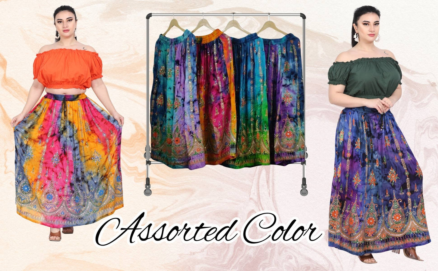 Women's Tie Dye Sequin Long Maxi Embroidery Skirt Wholesale