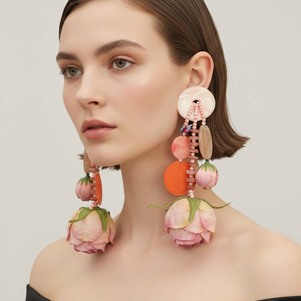 Bold Boho Beaded Tassel Floral Drop Statement Earrings