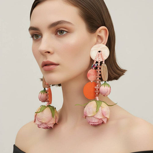 Bold Boho Beaded Tassel Floral Drop Statement Earrings