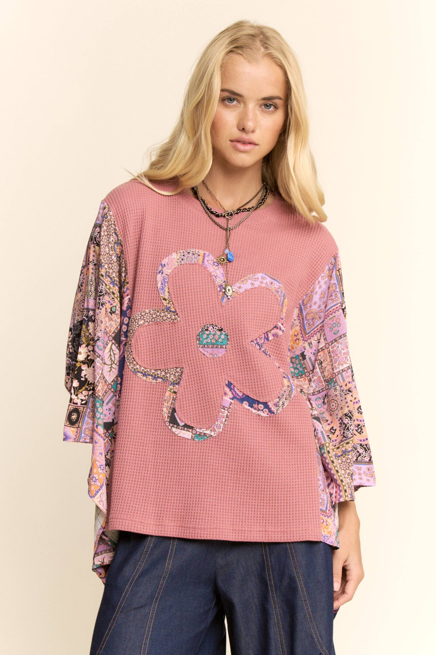 BOHO PATCHWORK KNIT TOP WITH FLOWER