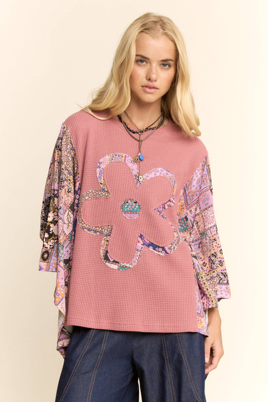 BOHO PATCHWORK KNIT TOP WITH FLOWER