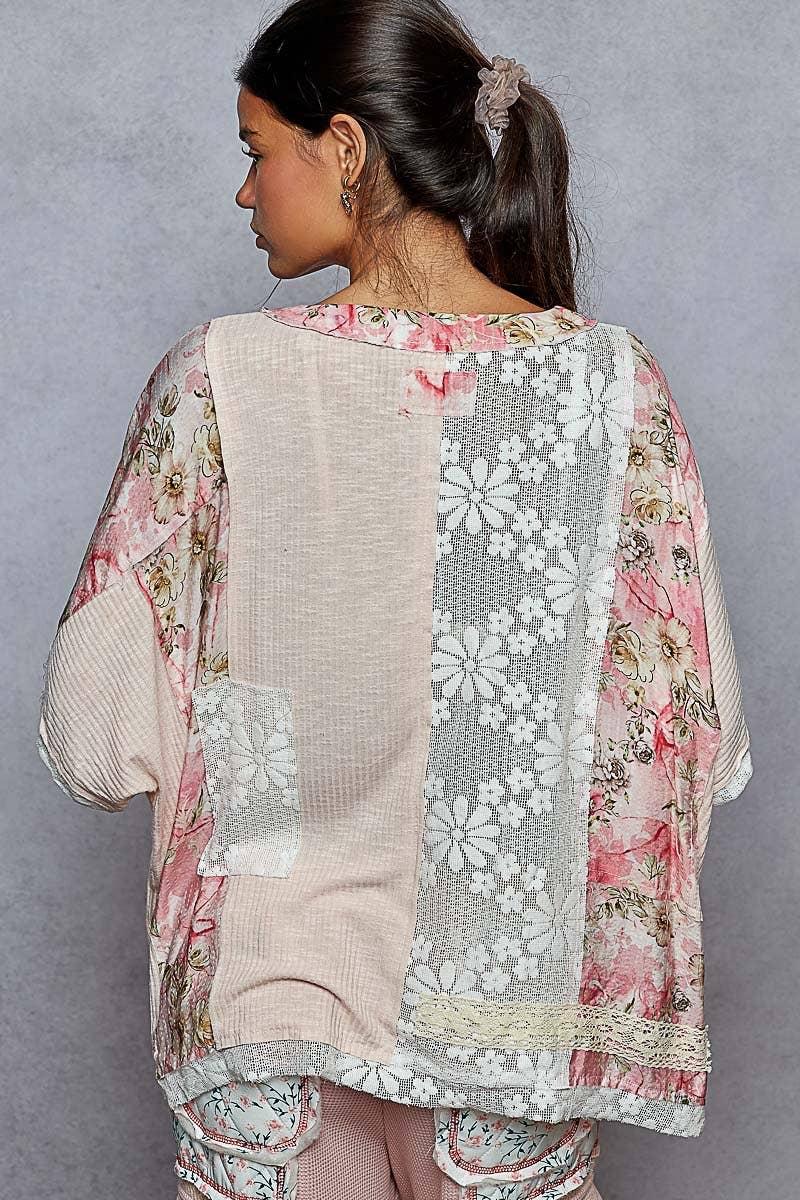 Round Neck Short Sleeve Floral Knit Rib Top SALE