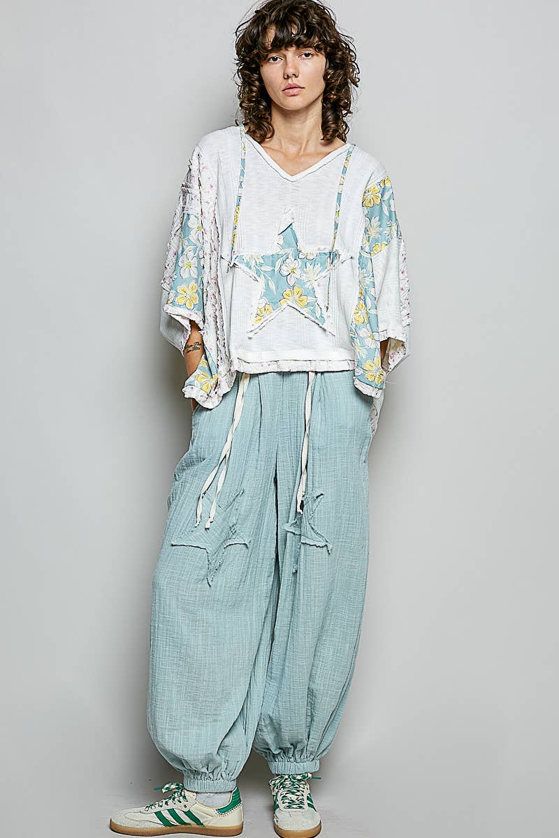 Long Sleeve Lace Contrast Floral Star Patch Knit Top SALE