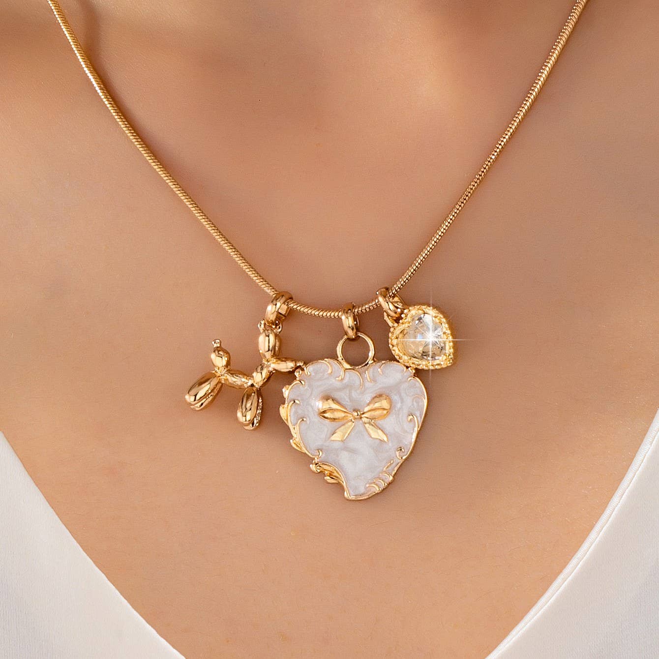 Bow Heart & Balloon Dog Crystal Charm Necklace | 80N93126