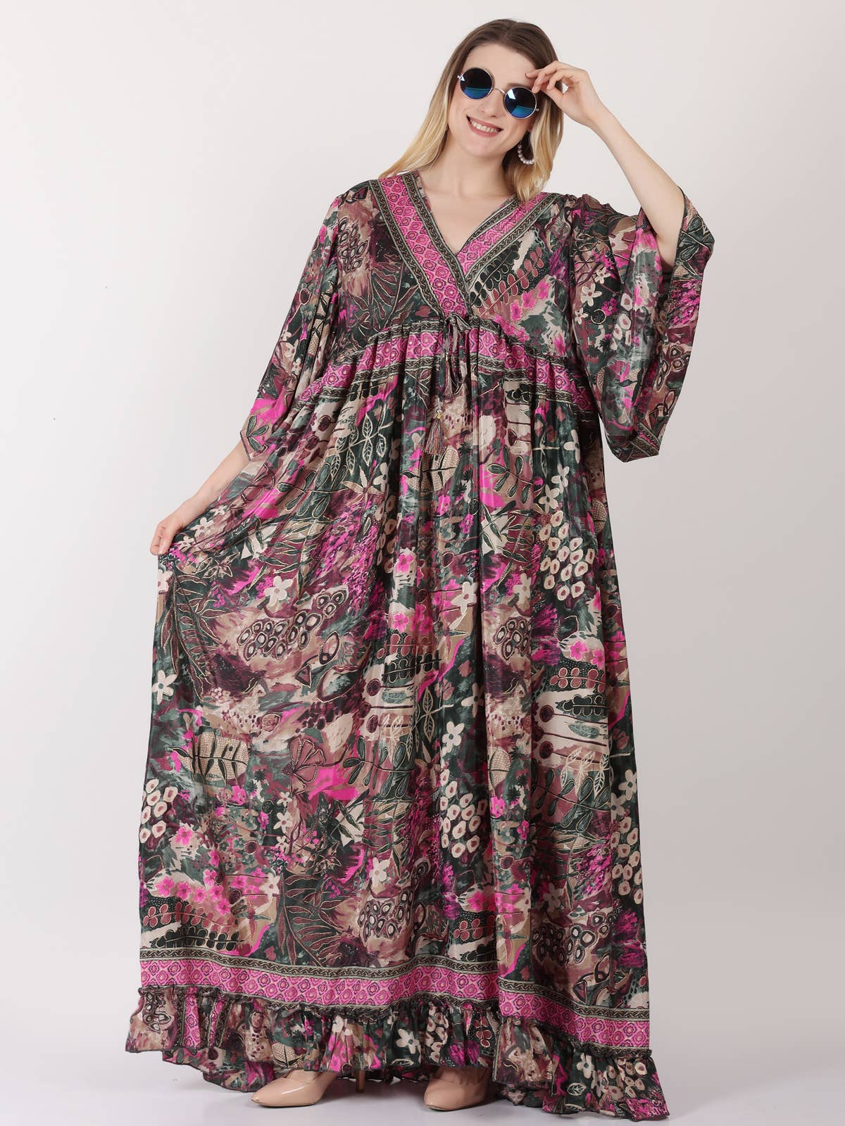 Women's Casual 3/4 Sleeves V-Neck Floral Maxi Tie up Dress