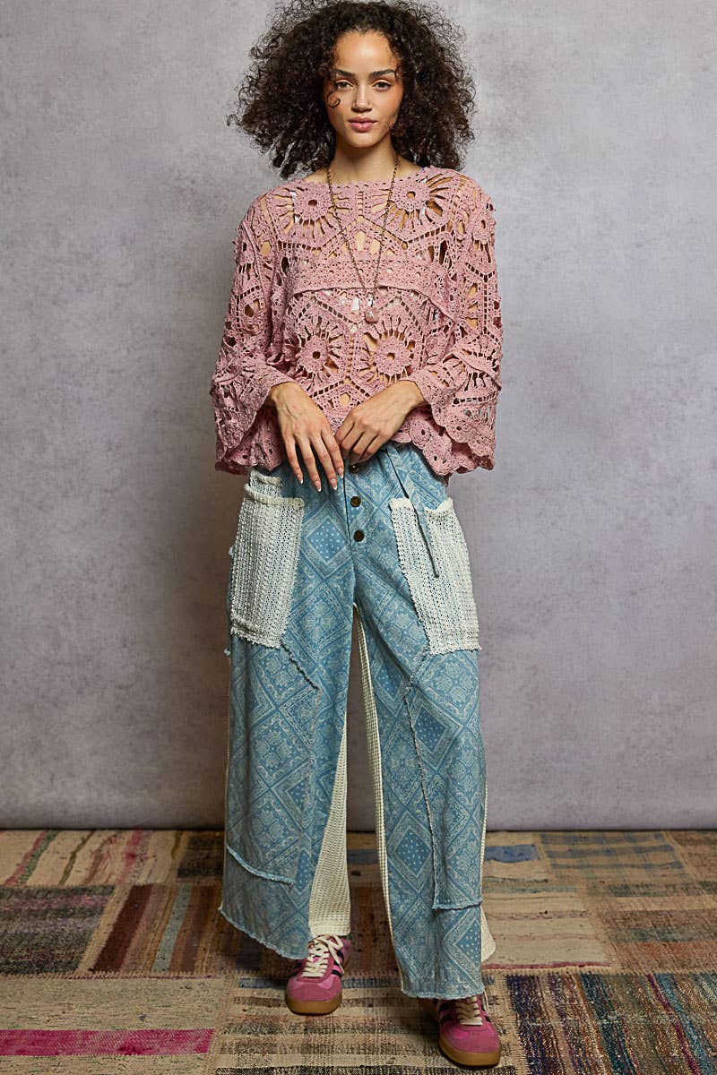 Round Neck 3/4 Sleeve Crochet Cropped Top