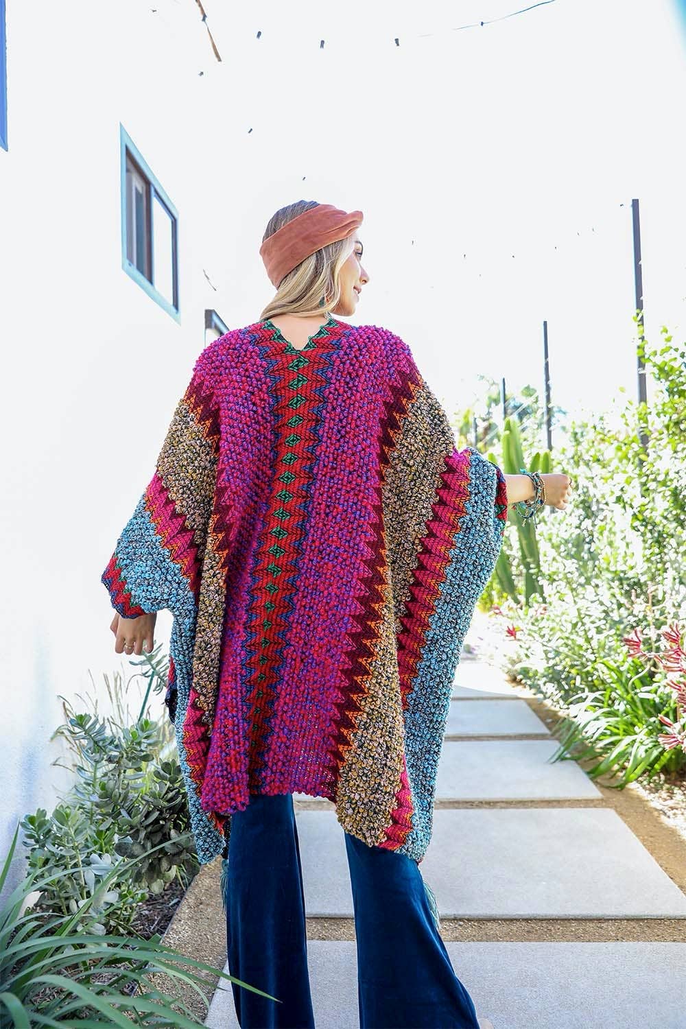 Unique Patterned Crochet Ruana – Colorful Tassel Cardigan ❤️