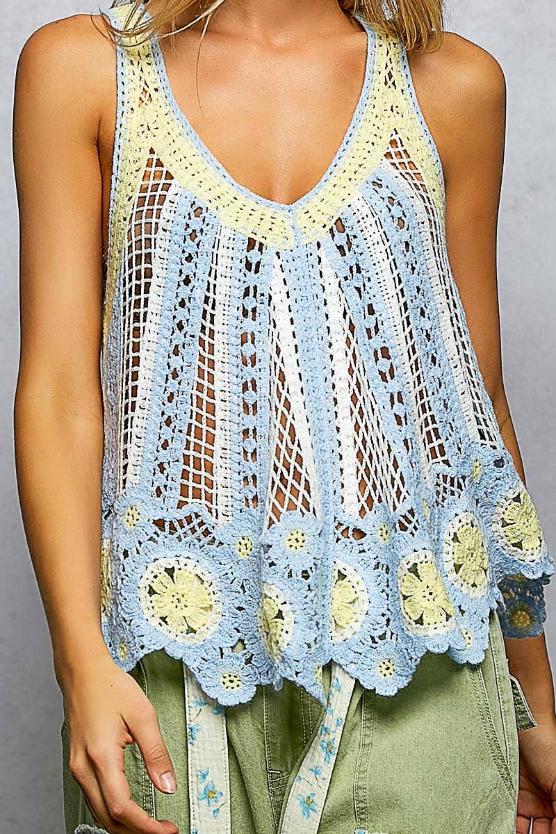 V-Neck Sleeveless Scalloped Edge Stripe Border Crochet Top