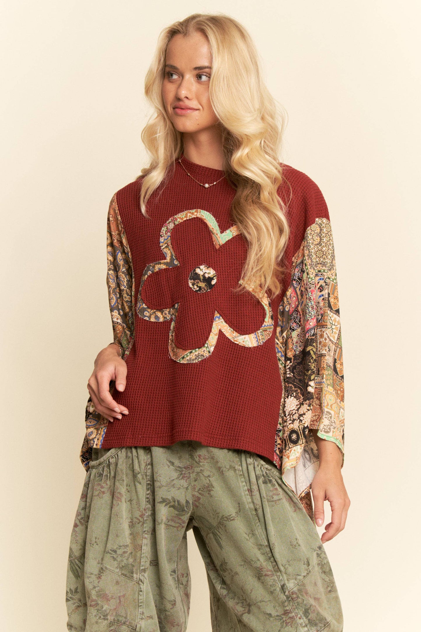 BOHO PATCHWORK KNIT TOP WITH FLOWER