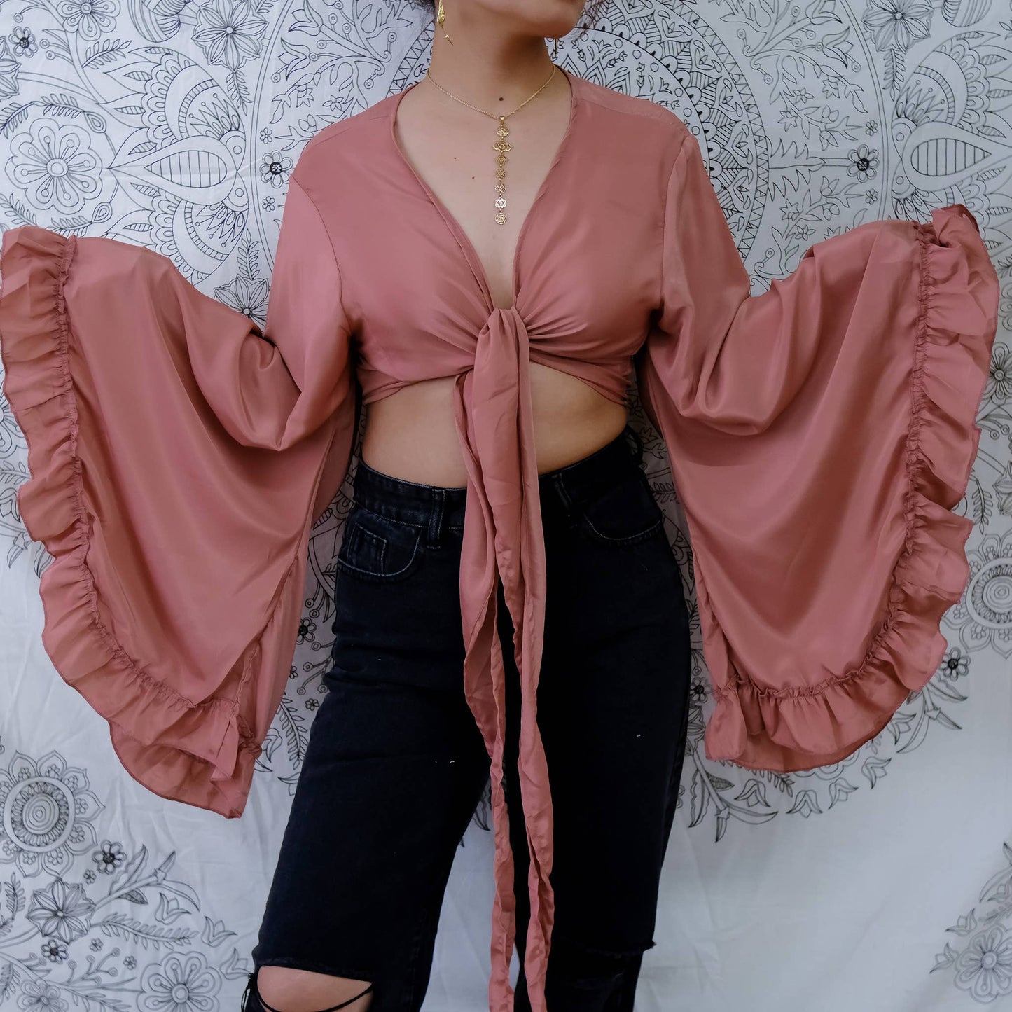 Solid Color Ruffle Sleeve Wrap Top