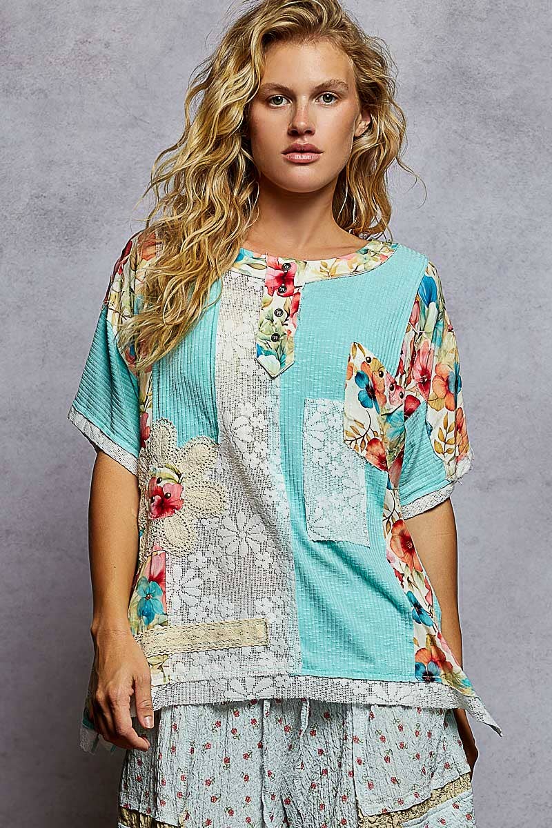 Round Neck Short Sleeve Floral Knit Rib Top SALE