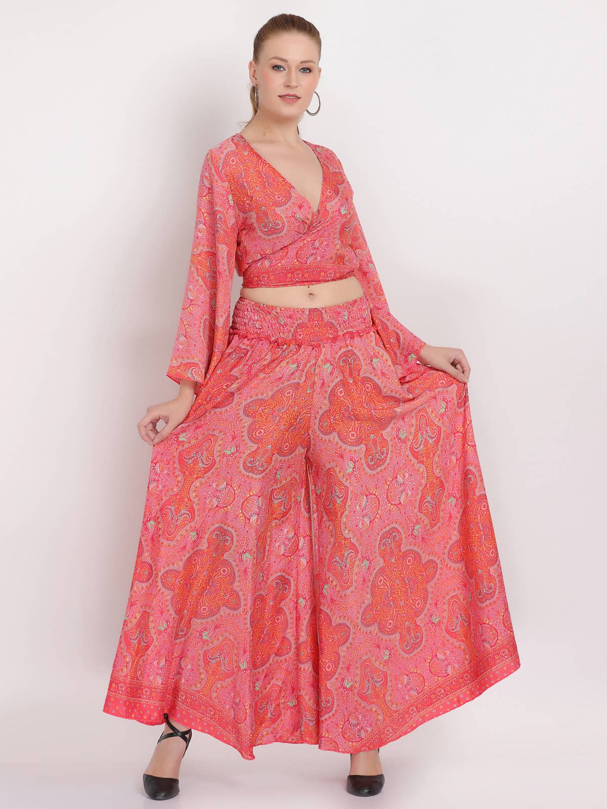 Women's Floral Cross Body Top & Wide leg Pant Two Piece Set