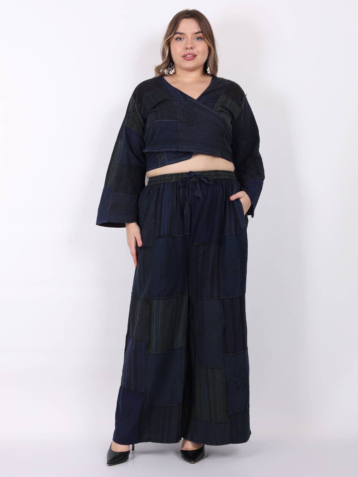 Women's Two Piece Deep V Neck Wrap Top & Wide Leg Pant Set
