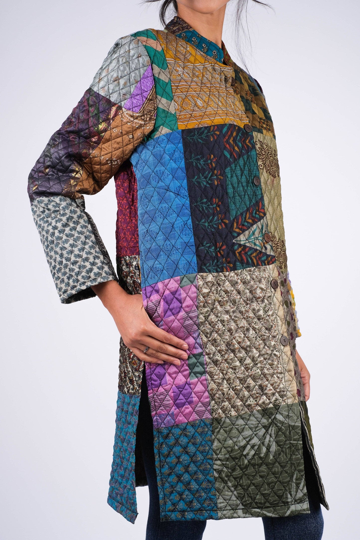 Vibrant Patchwork Quilted Poly Silk Jacket