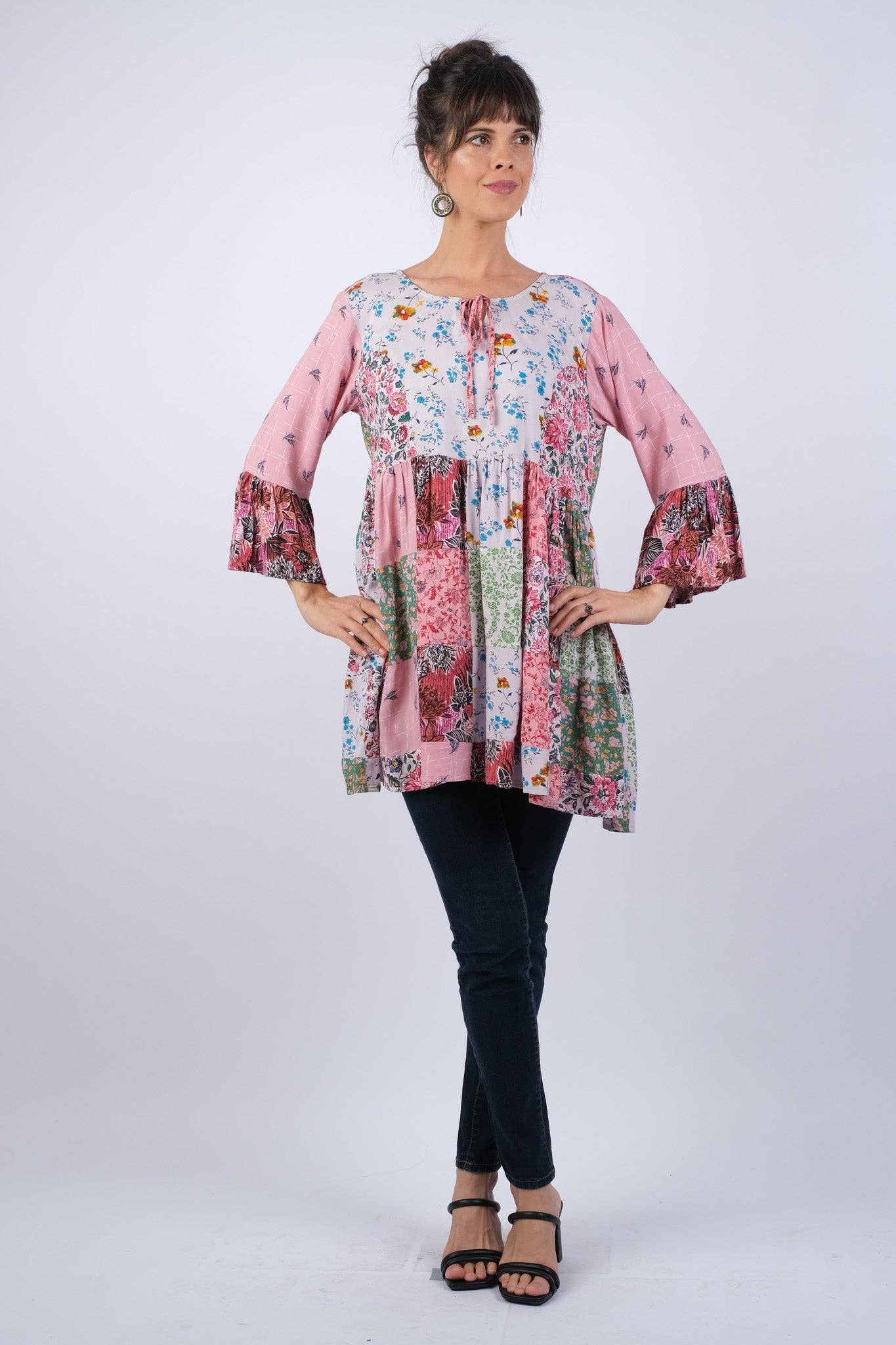 Petal Harmony Boho Tunic with Ruffled Sleeves