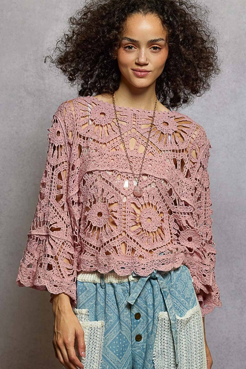 Round Neck 3/4 Sleeve Crochet Cropped Top